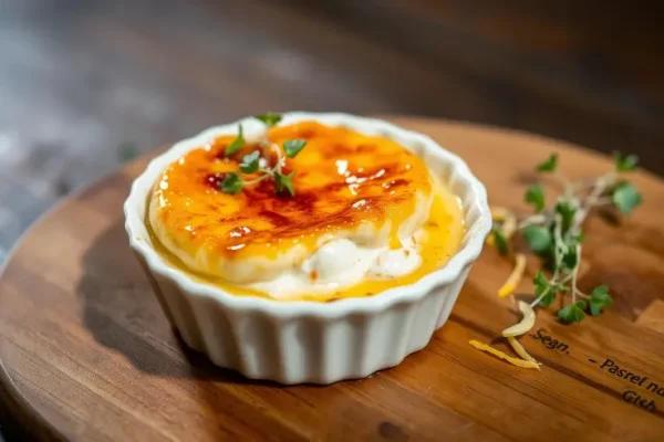 A golden-brown crab brulee with caramelized top served in a ramekin.