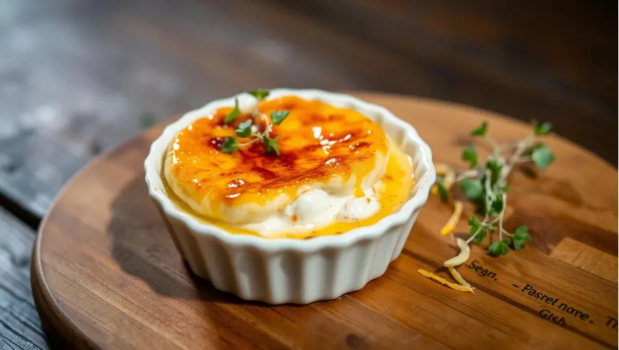 A golden-brown crab brulee with caramelized top served in a ramekin.