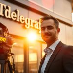 a man in a suit standing in front of a camera