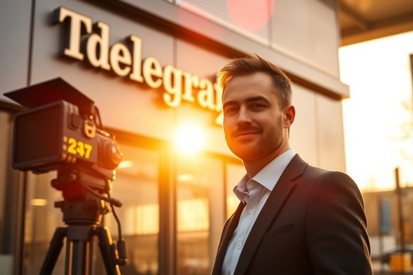 a man in a suit standing in front of a camera