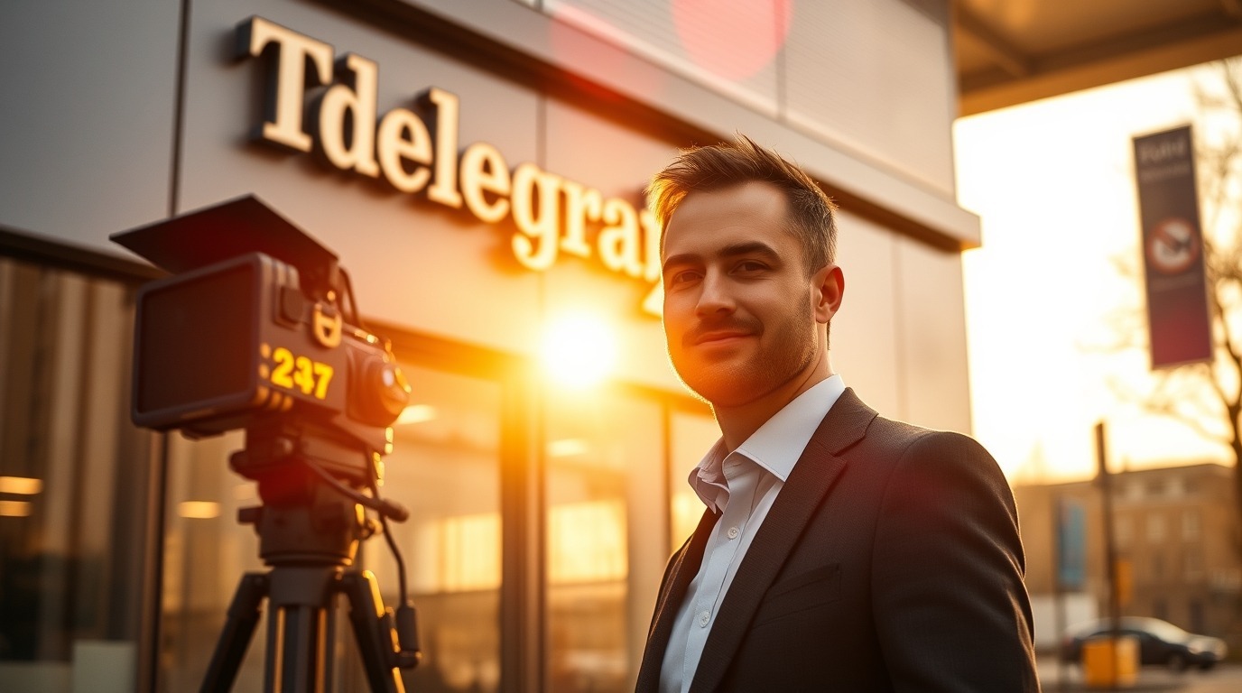 a man in a suit standing in front of a camera